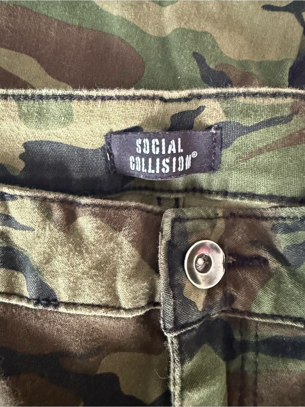 Social Collision Camo Strap Flare Pants Size 11 Green Military Buckle - Picture 2 of 9